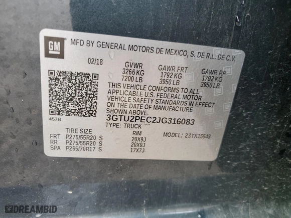 2018 GMC Sierra 1500 Denali with VIN 3GTU2PEC2JG316083, listed as a Copart auction lot 85328544 with 50,483 mi miles and Salvage Title. Bid and sale history available at carsss.com. Image 14.