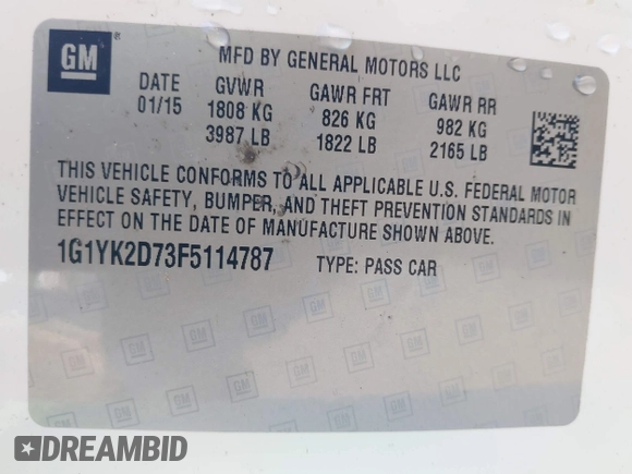 2015 Chevrolet Corvette Z51 2LT с VIN 1G1YK2D73F5114787, выставлен на аукционе IAAI как лот 41432386 с пробегом Не указан миль и . История ставок и продаж доступна на DreamBid. Изображение 9.