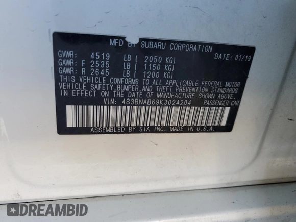 2019 Subaru Legacy with VIN 4S3BNAB69K3024204, listed as a Copart auction lot 49673595 with 54,966 mi miles and Salvage Title. Bid and sale history available at carsss.com. Image 14.