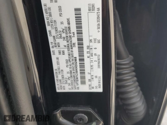2019 Ford F-150 XL with VIN 1FTEW1C56KKE02968, listed as a Copart auction lot 62542595 with 93,422 mi miles and Salvage title. Bid and sale history available at DreamBid. Image 12.