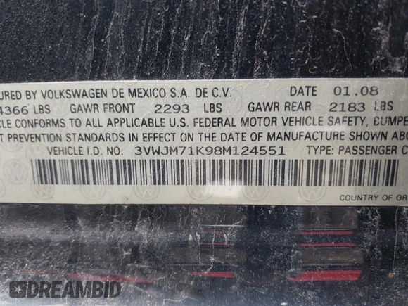 2008 Volkswagen Jetta S z VIN 3VWJM71K98M124551, wystawiony jako IAAI lot #42365053 z przebiegiem 198 002 mil mil oraz . Historia ofert i sprzedaży dostępna na DreamBid. Obrazek 9.