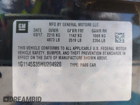 2017 Chevrolet Impala Premier with VIN 1G1145S35HU204920, listed as a IAAI auction lot 42092060 with 25,956 mi miles and . Bid and sale history available at DreamBid. Image 9.