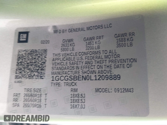 2020 Chevrolet Colorado 2WD Work Truck with VIN 1GCGSBEN0L1209889, listed as a IAAI auction lot 40390370 with 67,417 mi miles and . Bid and sale history available at DreamBid. Image 9.