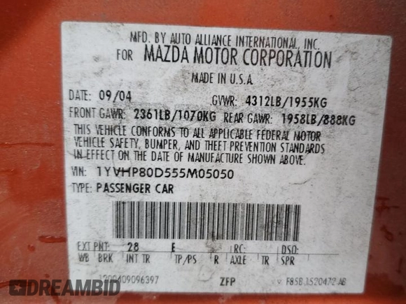 2005 Mazda 6 Sport S with VIN 1YVHP80D555M05050, listed as a Copart auction lot 88504175 with 177,825 mi miles and Salvage Title. Bid and sale history available at DreamBid. Image 13.