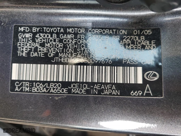 2005 Lexus IS 300 Sport with VIN JTHBD192550097676, listed as a Copart auction lot 42852035 with 164,843 mi miles and Salvage Title. Bid and sale history available at carsss.com. Image 12.