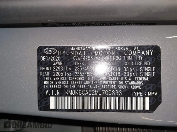 2021 Hyundai Kona Night Edition with VIN KM8K6CA52MU709333, listed as a IAAI auction lot 41704197 with 44,058 mi miles and . Bid and sale history available at DreamBid. Image 9.