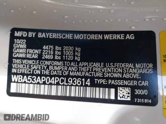 2023 BMW 4 Series 430i с VIN WBA53AP04PCL93614, выставлен на аукционе IAAI как лот 40875598 с пробегом 10 883 миль миль и . История ставок и продаж доступна на DreamBid. Изображение 9.