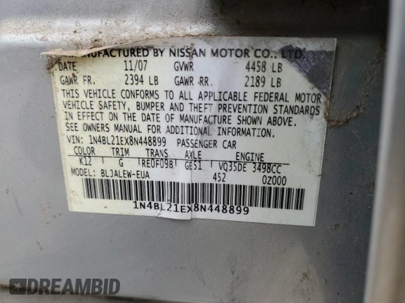 2008 Nissan Altima 3.5 SE with VIN 1N4BL21EX8N448899, listed as a Copart auction lot 51022065 with 142,479 mi miles and Clean Title. Bid and sale history available at carsss.com. Image 12.