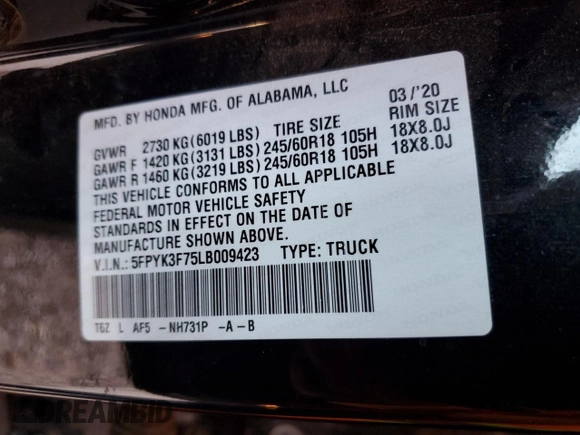 2020 Honda Ridgeline RTL-E with VIN 5FPYK3F75LB009423, listed as a Copart auction lot 54187325 with 96,128 mi miles and Salvage title. Bid and sale history available at DreamBid. Image 12.