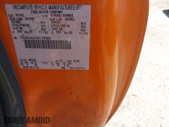 2003 Ford F-350 с VIN 1FDSF34L23EC39582, выставлен на аукционе IAAI как лот 42581958 с пробегом Не указан миль и . История ставок и продаж доступна на DreamBid. Изображение 9.