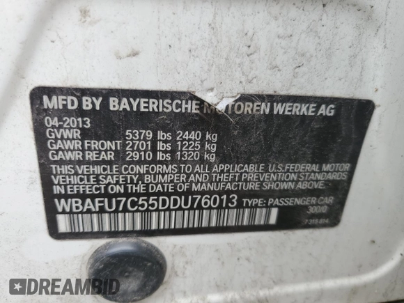 2013 BMW 5 Series 535i xDrive с VIN WBAFU7C55DDU76013, выставлен на аукционе Copart как лот 65446515 с пробегом 155 482 миль миль и Чистый • Clean title. История ставок и продаж доступна на DreamBid. Изображение 12.