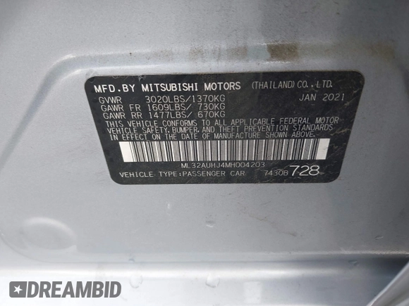 2021 Mitsubishi Mirage ES with VIN ML32AUHJ4MH004203, listed as a IAAI auction lot 41919476 with 87,854 mi miles and . Bid and sale history available at DreamBid. Image 9.
