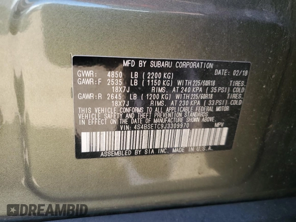2018 Subaru Outback Touring with VIN 4S4BSETC9J3309970, listed as a Copart auction lot 64523005 with 76,583 mi miles and Salvage title. Bid and sale history available at DreamBid. Image 14.