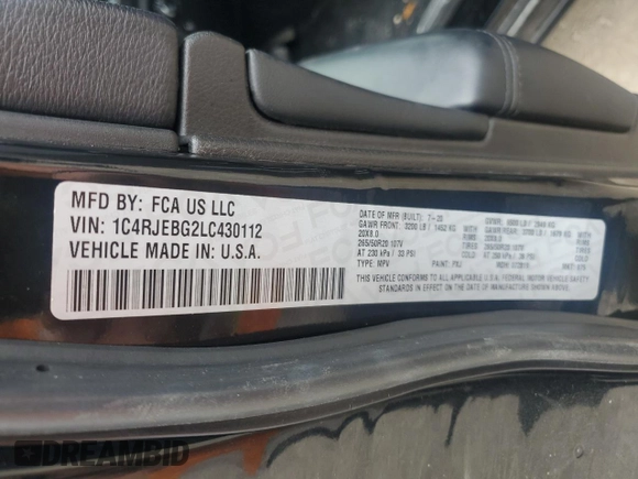 2020 Jeep Grand Cherokee Limited with VIN 1C4RJEBG2LC430112, listed as a Copart auction lot 44258385 with 95,287 mi miles and Salvage Title. Bid and sale history available at carsss.com. Image 14.