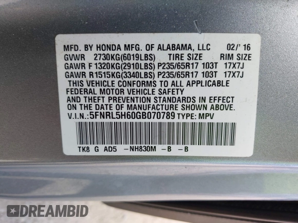 2016 Honda Odyssey EX-L with VIN 5FNRL5H60GB070789, listed as a IAAI auction lot 42148249 with 64,691 mi miles. Bid and sale history available at carsss.com. Image 9.
