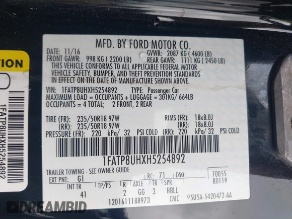 2017 Ford Mustang EcoBoost Premium with VIN 1FATP8UHXH5254892, listed as a IAAI auction lot 42191301 with 56,601 mi miles and . Bid and sale history available at DreamBid. Image 9.