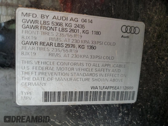 2014 Audi Q5 Premium Plus z VIN WA1LFAFP5EA112889, wystawiony jako Copart lot #54442575 z przebiegiem 166 524 mil mil oraz Szkoda całkowita • Salvage title. Historia ofert i sprzedaży dostępna na DreamBid. Obrazek 13.