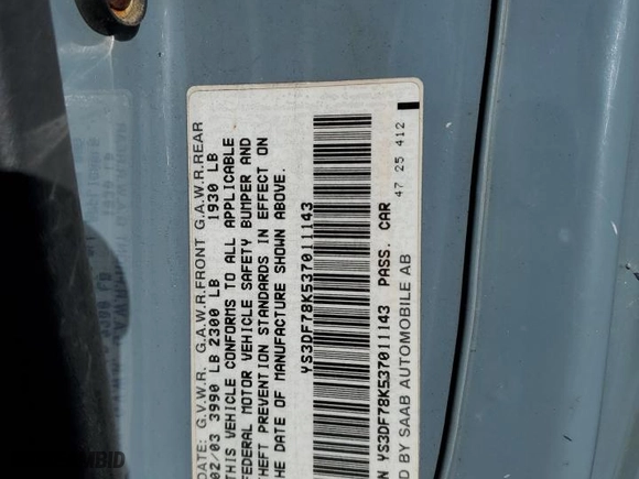 2003 Saab 9-3 SE with VIN YS3DF78K537011143, listed as a Copart auction lot 75485544 with NaN miles and Salvage Title. Bid and sale history available at carsss.com. Image 12.