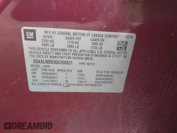 2016 GMC Terrain SLE with VIN 2GKALNEK0G6356831, listed as a IAAI auction lot 42419938 with 132,625 mi miles and . Bid and sale history available at DreamBid. Image 9.