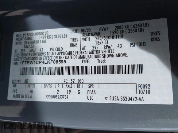 2020 Ford F-150 XL с VIN 1FTEW1CP4LKF08595, выставлен на аукционе IAAI как лот 41870911 с пробегом 104 610 миль миль и . История ставок и продаж доступна на DreamBid. Изображение 9.