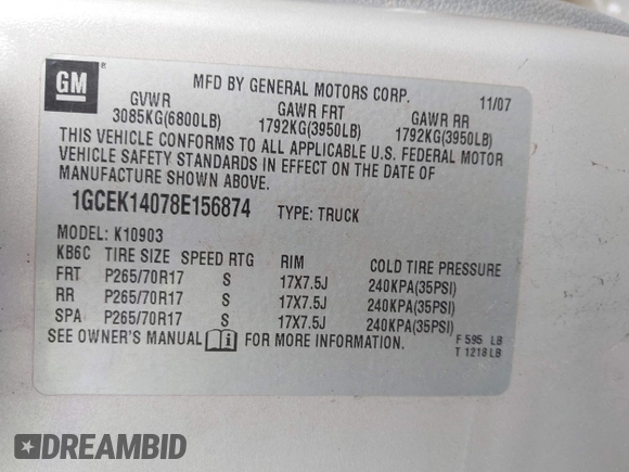 2008 Chevrolet Silverado 1500 1LT with VIN 1GCEK14078E156874, listed as a IAAI auction lot 42176346 with 194,733 mi miles and . Bid and sale history available at DreamBid. Image 9.
