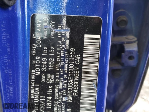 2012 Hyundai Accent SE with VIN KMHCU5AE1CU019559, listed as a Copart auction lot 65235685 with 119,556 mi miles and Salvage title. Bid and sale history available at DreamBid. Image 12.