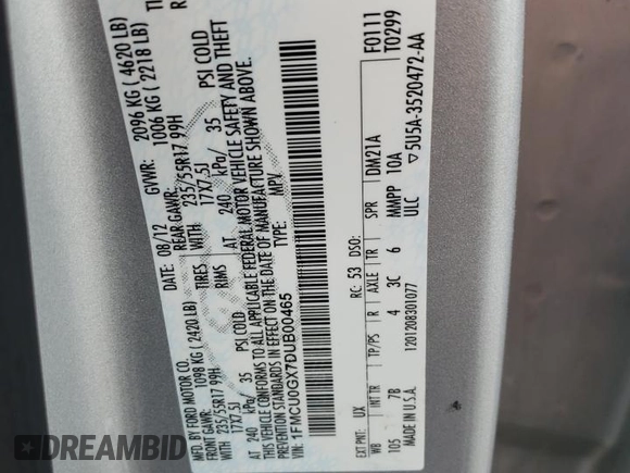 2013 Ford Escape SE with VIN 1FMCU0GX7DUB00465, listed as a Copart auction lot 58265705 with 227,613 mi miles and Salvage title. Bid and sale history available at DreamBid. Image 13.