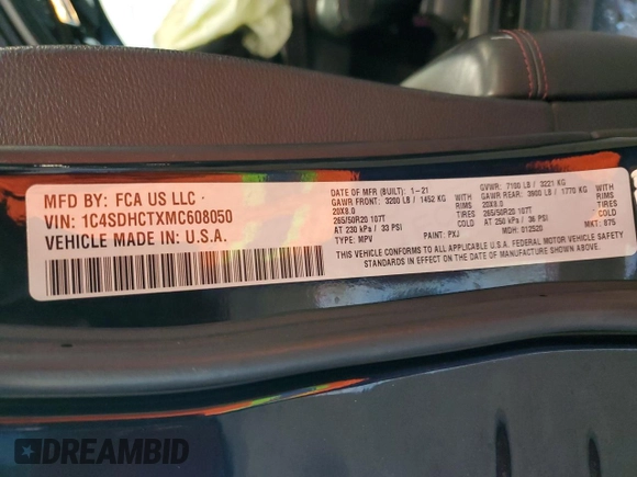 2021 Dodge Durango R/T with VIN 1C4SDHCTXMC608050, listed as a Copart auction lot 46570555 with 93,197 mi miles and Salvage Title. Bid and sale history available at DreamBid. Image 15.