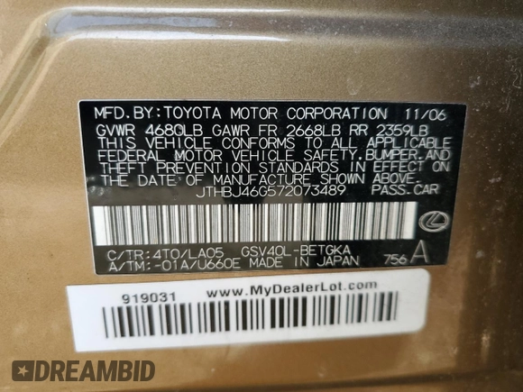 2007 Lexus ES 350 with VIN JTHBJ46G572073489, listed as a Copart auction lot 49692615 with 109,274 mi miles and Salvage Title. Bid and sale history available at carsss.com. Image 12.
