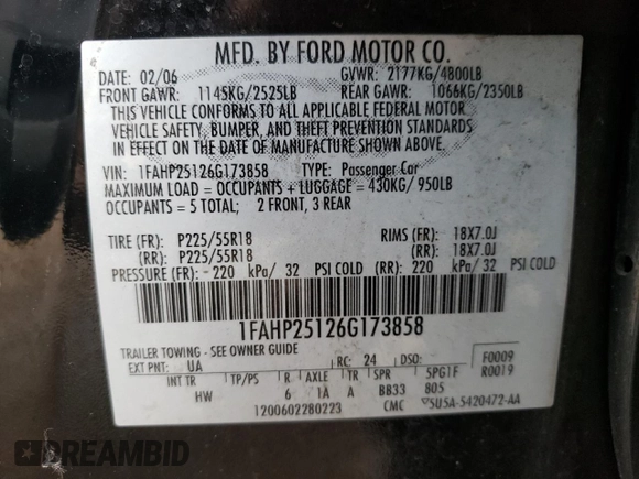 2006 Ford Five Hundred Limited with VIN 1FAHP25126G173858, listed as a Copart auction lot 41428315 with 140,794 mi miles and Non repairable. Bid and sale history available at DreamBid. Image 12.