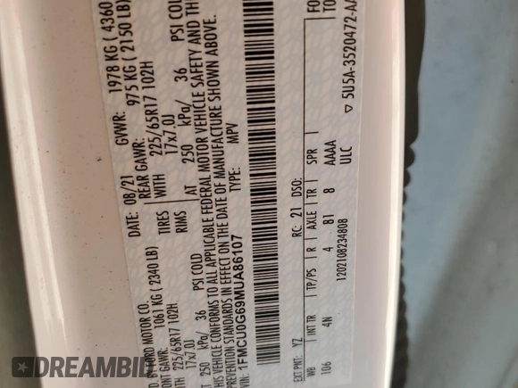 2021 Ford Escape SE z VIN 1FMCU0G69MUA86107, wystawiony jako Copart lot #57448275 z przebiegiem 34 925 mil mil oraz Szkoda całkowita • Salvage title. Historia ofert i sprzedaży dostępna na DreamBid. Obrazek 13.