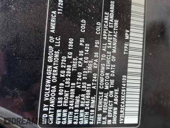 2019 Volkswagen Atlas SE с VIN 1V2LR2CAXKC514103, выставлен на аукционе Copart как лот 62536415 с пробегом 56 586 миль миль и Списание • Salvage title. История ставок и продаж доступна на DreamBid. Изображение 12.