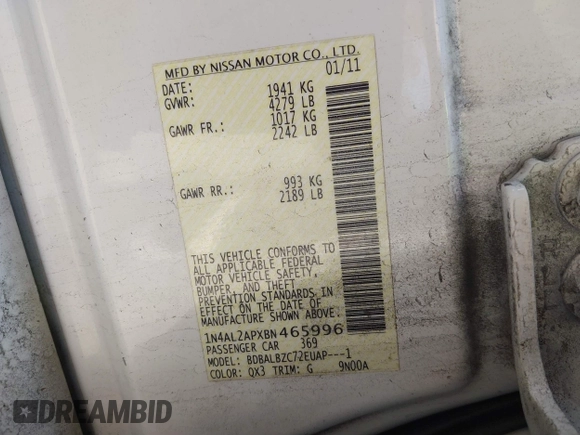 2011 Nissan Altima S with VIN 1N4AL2APXBN465996, listed as a IAAI auction lot 41907608 with 210,702 mi miles and . Bid and sale history available at DreamBid. Image 9.