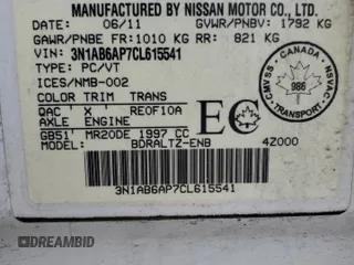 2012 Nissan Sentra S with VIN 3N1AB6AP7CL615541, listed as a Copart auction lot 51577105 with 217,449 mi miles and Clean title. Bid and sale history available at DreamBid. Image 13.