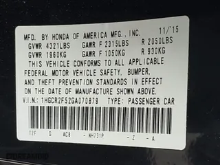 2016 Honda Accord Sedan Sport with VIN 1HGCR2F52GA070879, listed as a IAAI auction lot 41538233 with 195,153 mi miles. Bid and sale history available at carsss.com. Image 9.