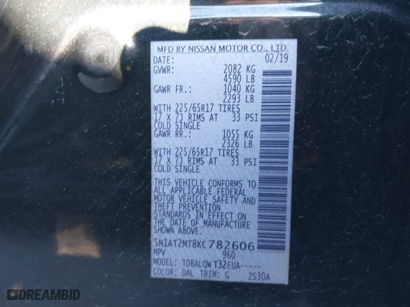 2019 Nissan Rogue SL with VIN 5N1AT2MT8KC782606, listed as a IAAI auction lot 41318079 with 185,355 mi miles. Bid and sale history available at carsss.com. Image 9.