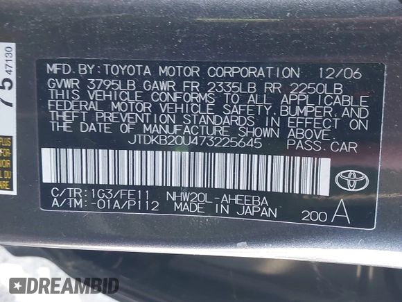 2007 Toyota Prius z VIN JTDKB20U473225645, wystawiony jako IAAI lot #42409516 z przebiegiem 154 050 mil mil oraz . Historia ofert i sprzedaży dostępna na DreamBid. Obrazek 9.