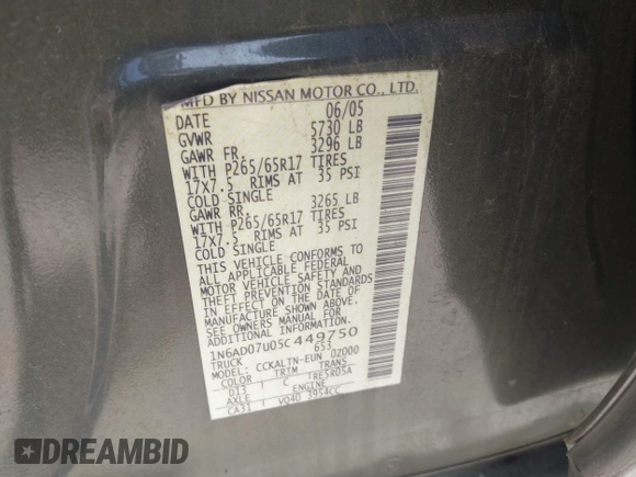 2005 Nissan Frontier LE with VIN 1N6AD07U05C449750, listed as a IAAI auction lot 42658701 with 104,630 mi miles and . Bid and sale history available at DreamBid. Image 9.
