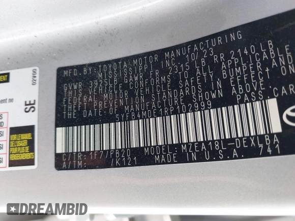 2024 Toyota Corolla LE z VIN 5YFB4MDE1RP102999, wystawiony jako IAAI lot #40562845 z przebiegiem 19 445 mil mil oraz . Historia ofert i sprzedaży dostępna na DreamBid. Obrazek 9.