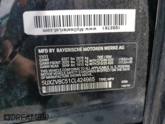 2012 BMW X5 50i with VIN 5UXZV8C51CL424965, listed as a Copart auction lot 64414455 with 121,894 mi miles and Clean title. Bid and sale history available at DreamBid. Image 13.