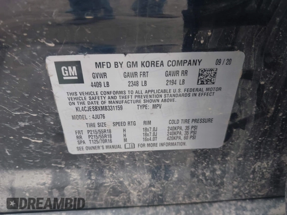 2021 Buick Encore Preferred with VIN KL4CJESBXMB331159, listed as a IAAI auction lot 42049200 with 95,379 mi miles and . Bid and sale history available at DreamBid. Image 9.