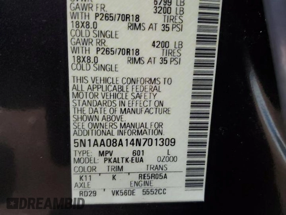 2004 Nissan Armada SE z VIN 5N1AA08A14N701309, wystawiony jako Copart lot #60516475 z przebiegiem 132 005 mil mil oraz Czysty tytuł • Clean title. Historia ofert i sprzedaży dostępna na DreamBid. Obrazek 13.