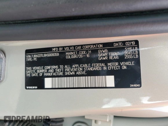 2019 Volvo S60 Inscription with VIN 7JRA22TL6KG009359, listed as a Copart auction lot 59859374 with 25,367 mi miles and Salvage Title. Bid and sale history available at carsss.com. Image 12.