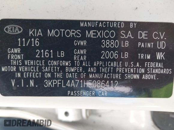 2017 Kia Forte S with VIN 3KPFL4A71HE086412, listed as a IAAI auction lot 42004117 with 201,729 mi miles and . Bid and sale history available at DreamBid. Image 9.
