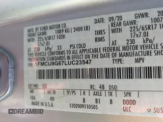 2020 Ford Escape SE with VIN 1FMCU9G67LUC23547, listed as a IAAI auction lot 41070986 with 46,120 mi miles and . Bid and sale history available at DreamBid. Image 9.