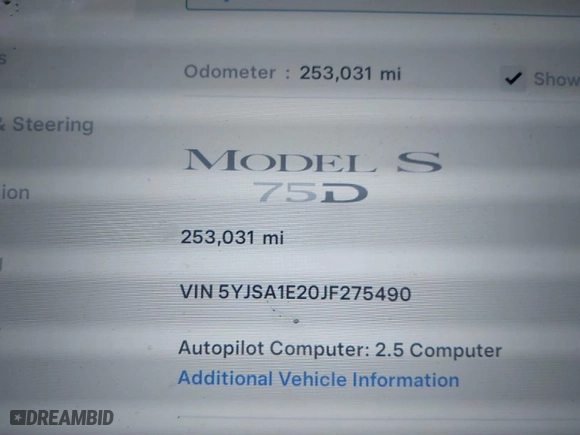 2018 Tesla Model S 75D with VIN 5YJSA1E20JF275490, listed as a IAAI auction lot 41855185 with 253,031 mi miles. Bid and sale history available at carsss.com. Image 15.