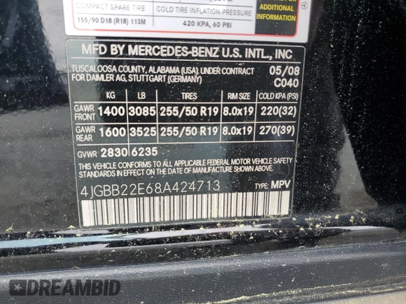 2008 Mercedes-Benz M 320 CDI with VIN 4JGBB22E68A424713, listed as a Copart auction lot 53916214 with 191,717 mi miles and Clean Title. Bid and sale history available at DreamBid. Image 12.