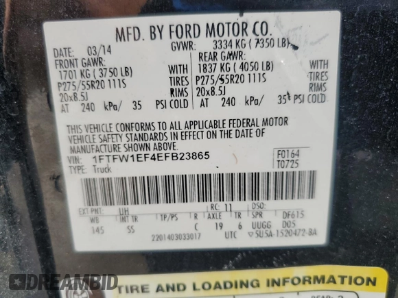 2014 Ford F-150 XL with VIN 1FTFW1EF4EFB23865, listed as a Copart auction lot 58557635 with 178,037 mi miles and Salvage title. Bid and sale history available at DreamBid. Image 12.