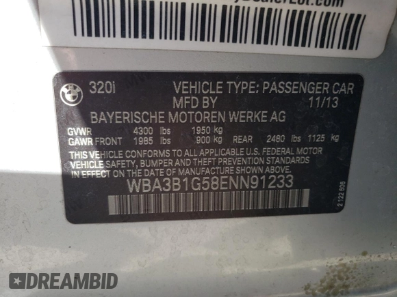 2014 BMW 3 Series 320i with VIN WBA3B1G58ENN91233, listed as a Copart auction lot 45043855 with 134,351 mi miles and Salvage Title. Bid and sale history available at carsss.com. Image 14.