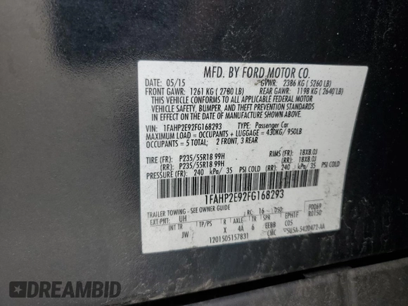 2015 Ford Taurus SEL with VIN 1FAHP2E92FG168293, listed as a Copart auction lot 52775625 with 207,447 mi miles and Salvage title. Bid and sale history available at DreamBid. Image 12.